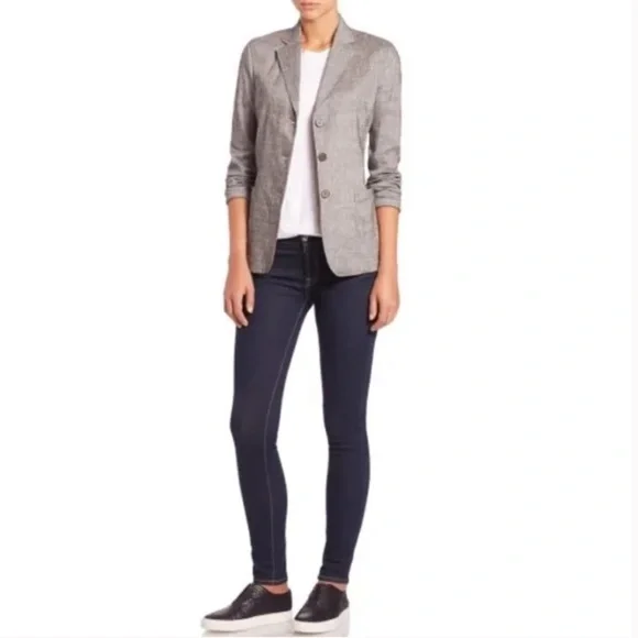 NEW Theory Minou T Linen Blend Blazer, Sharkskin Crunch, Black and Ivory